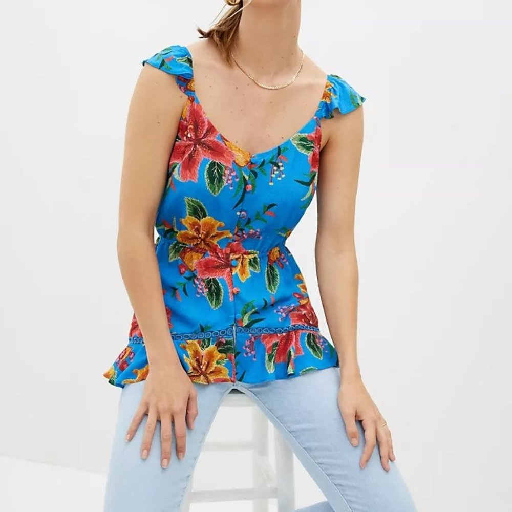 Farm Rio for Anthropologie Ruffled Floral Tank, Blue, M